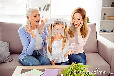 Parenthoot retirement motherhood holiday event day-off astonished generation international concept. Cheerful joyful dreamy please Stock Photo