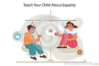 Parenting advice. Boy and girl learning about equaility. Upbringing Vector Illustration