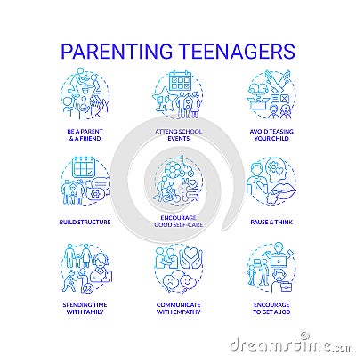 Parenting teenagers blue gradient concept icons set Vector Illustration