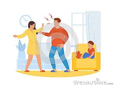 Parents arguing. Mom and dad quarrel. Unfortunate depressed child sitting in chair. Couple fighting. Family problem Vector Illustration