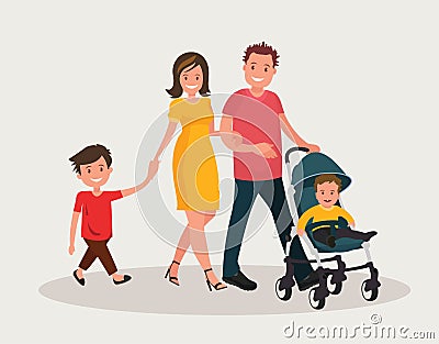 Parents with baby. Mom and dad walk with his firstborn and eldest son. Vector Illustration