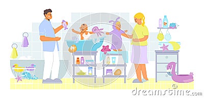 Parents Bathing Baby Composition Vector Illustration