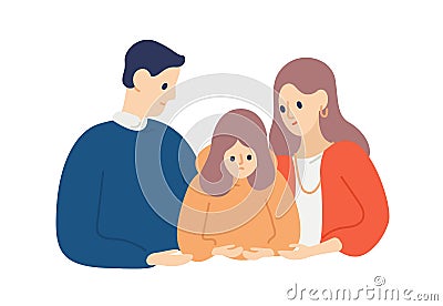 Parents calming down and support unhappy child. Mother and father hug and empathize daughter. Scene of empathy and Vector Illustration