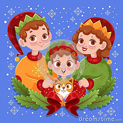 parents child with cat family christmas scene vector design Vector Illustration