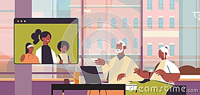 Parents with child having virtual meeting with grandparents during video call family chat online communication Vector Illustration