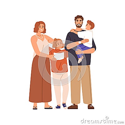 Parents and children. Happy family portrait. Mom, dad and kids. Mother, daughter, father holding toddler son. Wife Vector Illustration