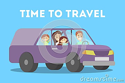 Parents and children have an adventure riding in minivan Vector Illustration