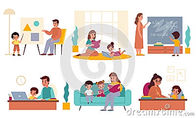 Parents children learning. Fathers and mothers helping kids with homework, home studying process, moms and dads teaches Vector Illustration