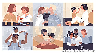 Parents and children play, fun time parenthood set, happy family hugging, playing Vector Illustration