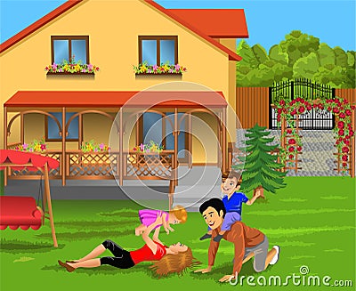 Parents and children playing in the courtyard of their house Vector Illustration