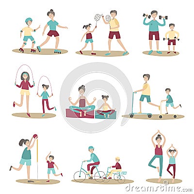 Parents and children together doing sport and active recreation outdoors. Vector illustration set, isolated on white. Vector Illustration