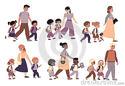 Parents with children walk set. Moms and dads hold hands and accompany kids to school, pupils with adults going class Vector Illustration