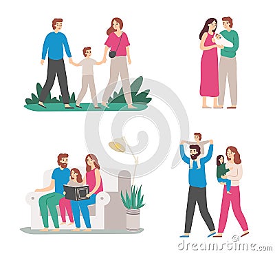 Parents and children walk and spend time Vector Illustration