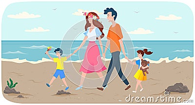 Parents and children walking by handle near ocean bank. Joint pastime with family at resort Vector Illustration