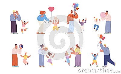 Parents congratulations kids. Birthday family party, cartoon children with adults. Holiday cake, people giving gifts Vector Illustration