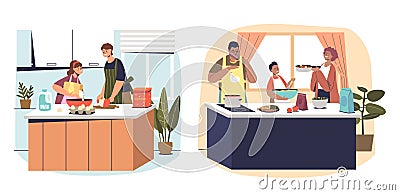 Parents cooking at home together with children. Set of cartoon families preparing food in kitchen Vector Illustration