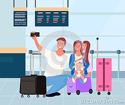 Family in Airport, Traveler Taking Selfie Vector Vector Illustration