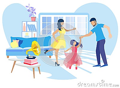 Parents and Daughter Dancing at Home Flat Cartoon Vector Illustration