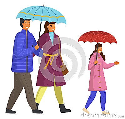 Parents and daughter spend time together walking on a rainy move down the street isolated on white Vector Illustration