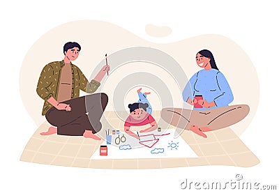 Parents draw picture with their daughter Vector Illustration