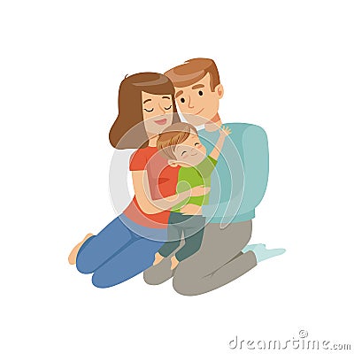 Parents embracing their son, mother and father sitting on the floor with kid, happy family concept vector Illustration Vector Illustration