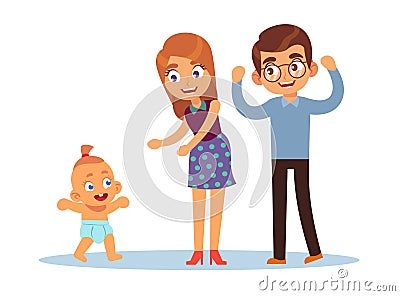 Parents are excited about their baby first steps. Happy mother and father with little son. parenthood and childhood Vector Illustration