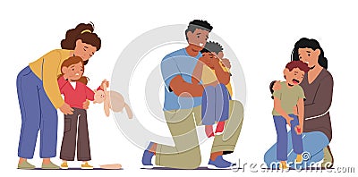 Parents Gently Wrap Their Arms Around Their Crying Children, Comforting And Calming Down Them, Vector Illustration Vector Illustration