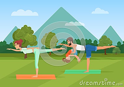 Parents with girl kid does yoga various exercises. Family yoga vector illustration. Vector Illustration
