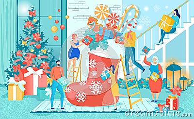 Parents and Grandmother Putting Gifts in Stocking Vector Illustration