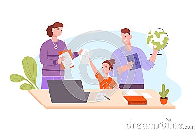 Parents help homework. Family teacher helping learn children home schooling, mom and father study daughter kid school Vector Illustration