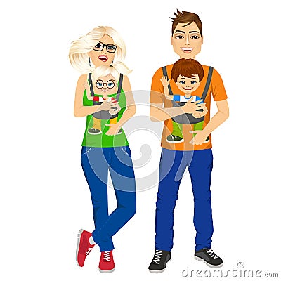 Parents holding holding their children with baby carrier Vector Illustration