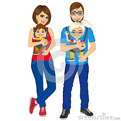 Parents holding holding their children with baby carrier Vector Illustration