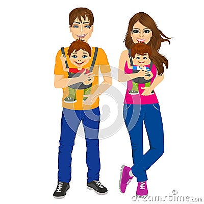 Parents holding holding their children with baby carrier Vector Illustration