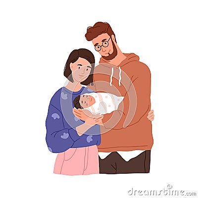 Parents holding newborn baby. Happy family portrait with father, mother and new born child. Wife and husband with infant Vector Illustration