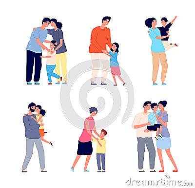 Parents hugging child. Family embracing, dad mom hug daughter. Friendship romantic relationship, adult holding baby Vector Illustration