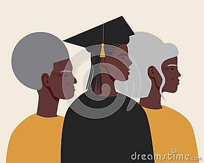 Afro parents proud graduate daughter, flat vector illustration with young african graduate in mantle with diploma certificate at Cartoon Illustration