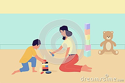 Parents and kids. Cartoon happy mother playing with baby son. Children constructor. Joyful family. Mom building toy Vector Illustration