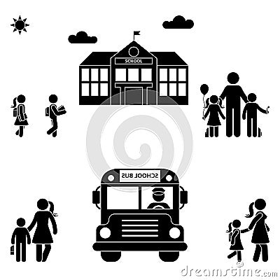 Parents with kids stick figure. School building and bus black sing symbol. Vector Illustration