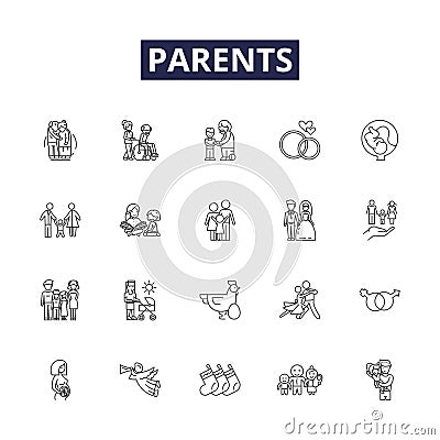 Parents line vector icons and signs. guardians, moms, dads, progenitors, forebears, progenitors, ancestors, kin outline Vector Illustration