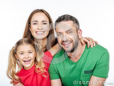 Parents with little daughter at camera Stock Photo