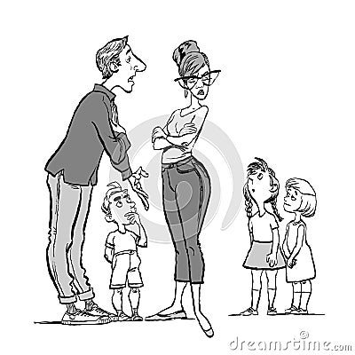 Parents quarrel and child listen. Family conflict. Parents and three children. Vector Illustration