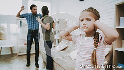 Parents Quarrel Unhappy Child Closes Ears in House Stock Photo