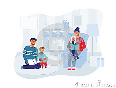 Parents Reading Books with Children on Christmas Eve at Home. Winter Holidays Happy Characters near Fireplace Vector Illustration