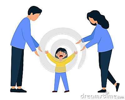 Parents reassure a crying baby. A man and a woman are standing next to a little girl. Vector Illustration
