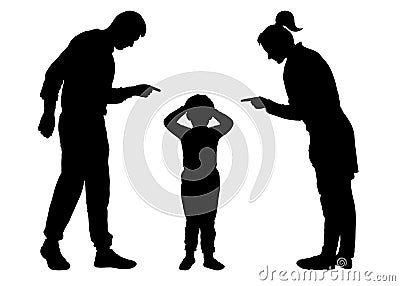 Parents scold the child. Mom and Dad scold the baby who is guilty. Silhouette vector on white background Vector Illustration