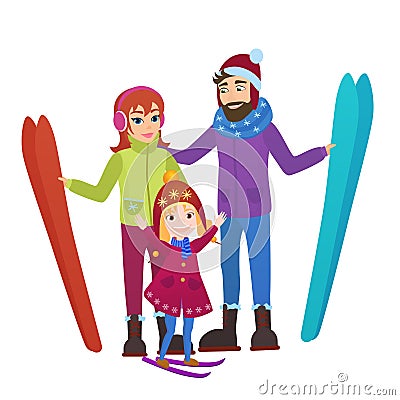 Parents skiers with daughter in snow mountains. Family Man, woman and girl winter ski leisure vector illustration. Vector Illustration