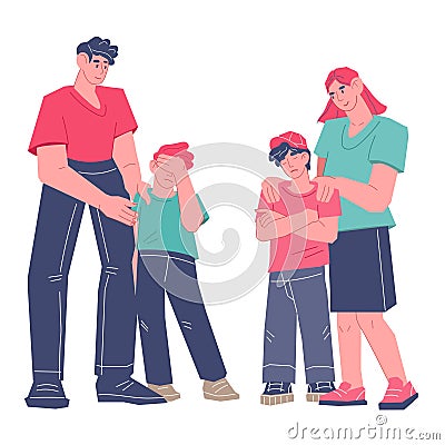 Parents supporting and comforting children, flat vector illustration isolated. Vector Illustration