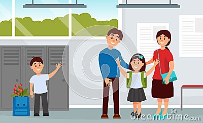 Parents taking their children to the school in morning. First graders going to school cartoon Vector Illustration