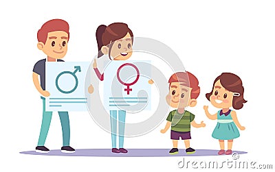 Parents teaching sex education to their children. Mother and father hold poster. Human sexuality, emotional relations Vector Illustration