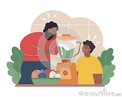 Parents teaching their child how to cook. Family making food Vector Illustration